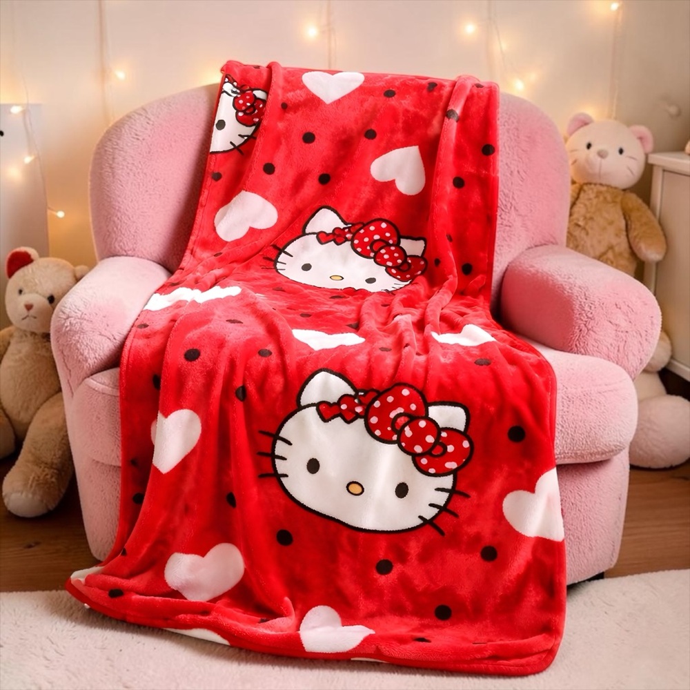 Hello Kitty Red White Pink Print Large Cloud Throw Blanket Sz 60”x70”